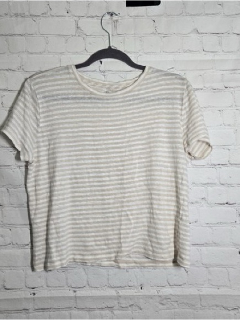 J Crew Crewneck Striped Linen Tee Tan & White Sz M